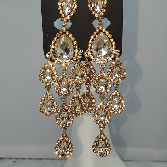 RSVP rose gold water drop chandelier clip earring with rhinestones - Picture 2 of 4